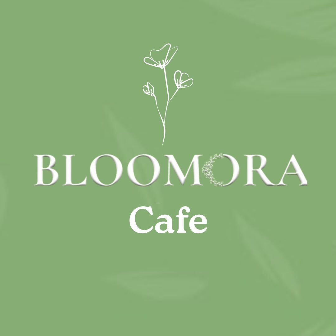 Bloomora Cafe logo: a white line-art floral sprig above the Bloomora wordmark on a sage green ground
